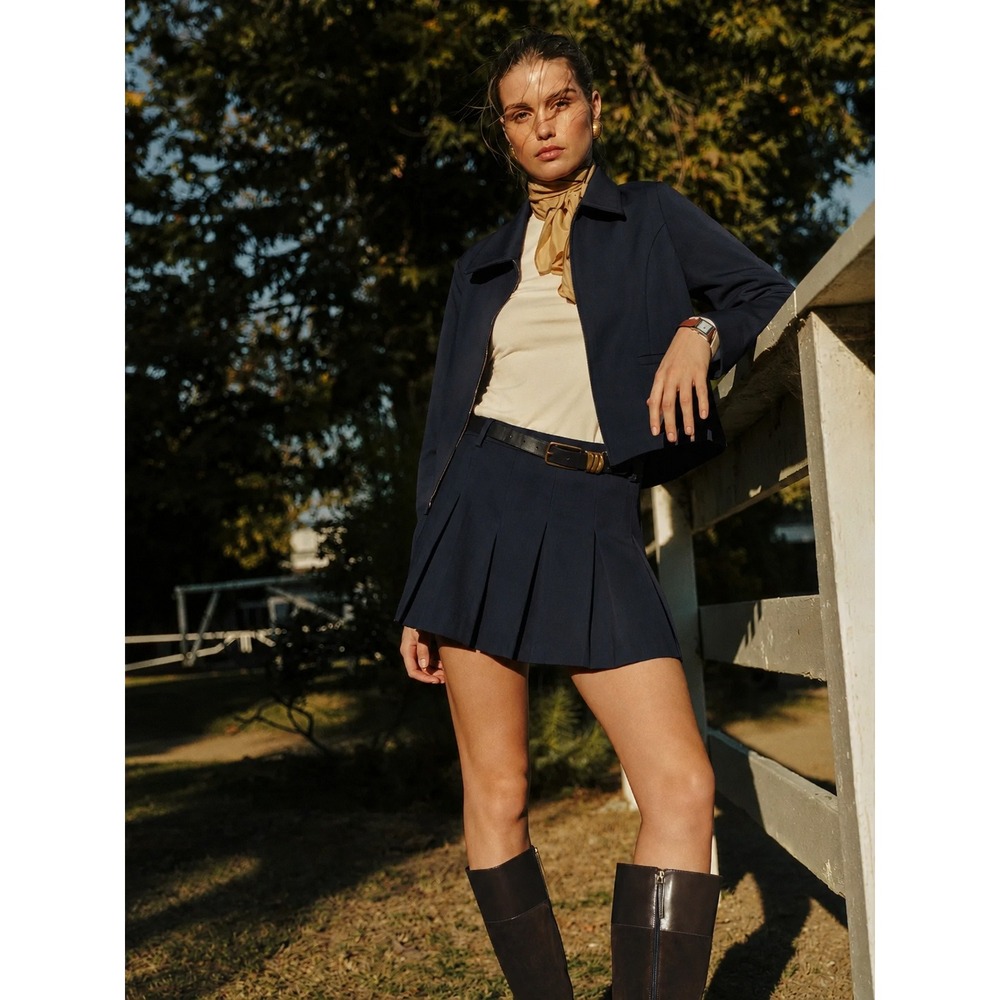 Reformation | NWOT Brynlee Wool Blend Pleated Mini Skirt & Zip Jacket Set, Navy